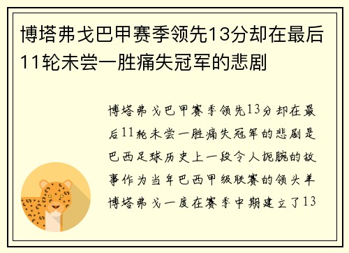 博塔弗戈巴甲赛季领先13分却在最后11轮未尝一胜痛失冠军的悲剧 博塔弗戈巴甲赛季领先13分却在最后11轮未尝一胜痛失冠军的悲剧